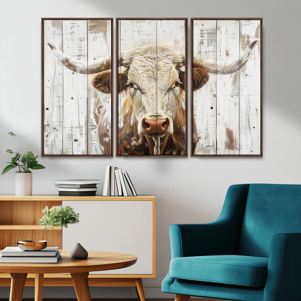 Rustic Longhorn Bull Wall Art Canvas Set