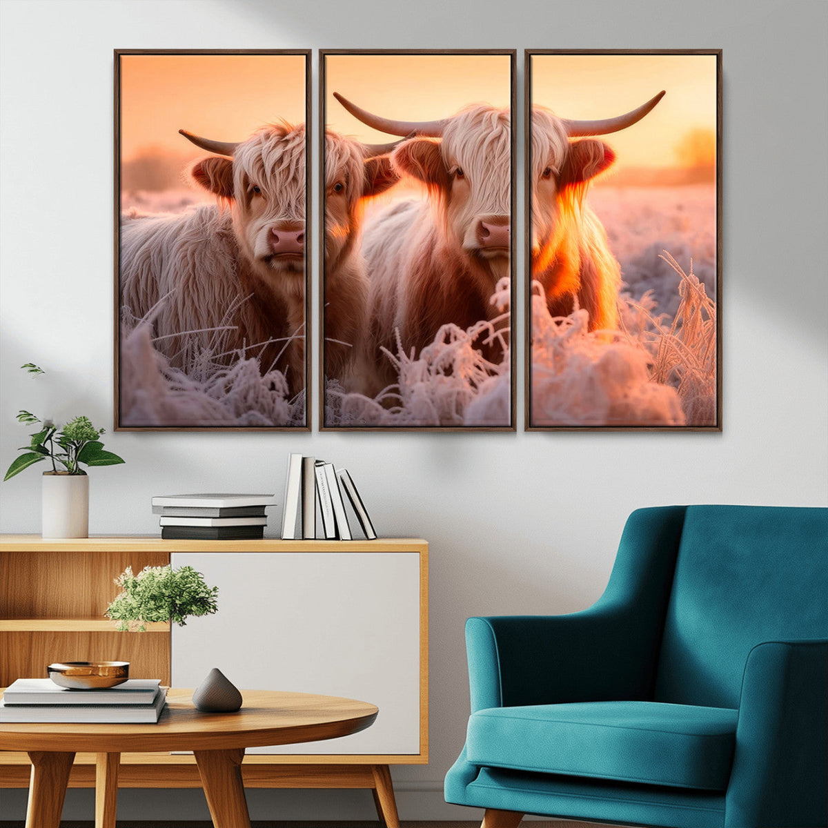 Highland Cows at Sunrise Wall Art Canvas Set