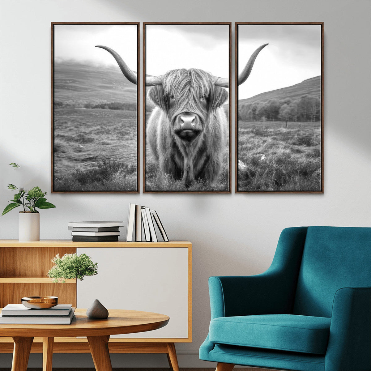 Black White Scottish Highland Cow Canvas Farm Wall Art