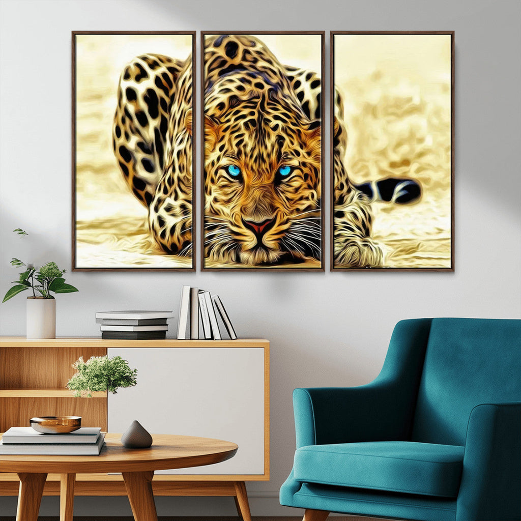 Blue-Eyed Leopard Canvas Wall Art, Framed Animal Print, Fierce and Bold Decor for Living Rooms