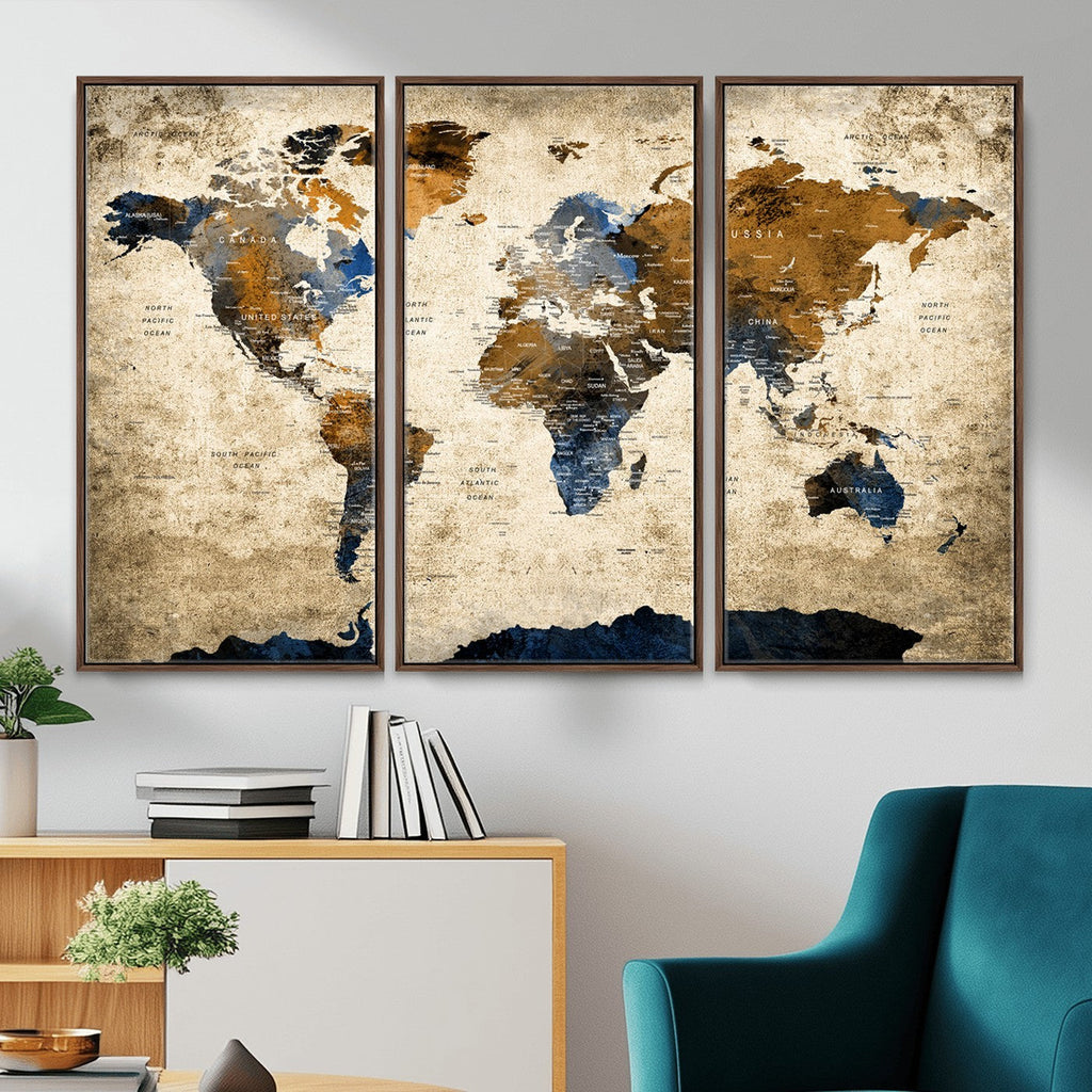 World Map Wall Art | Antique Style Blue and Brown Map Canvas Print
