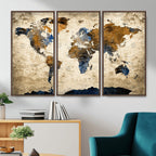 World Map Wall Art | Antique Style Blue and Brown Map Canvas Print