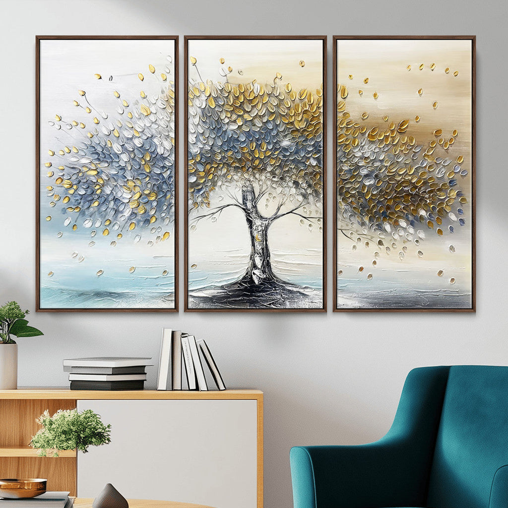 Golden and Silver Tree Wall Art | Framed Elegant Leaves Canvas