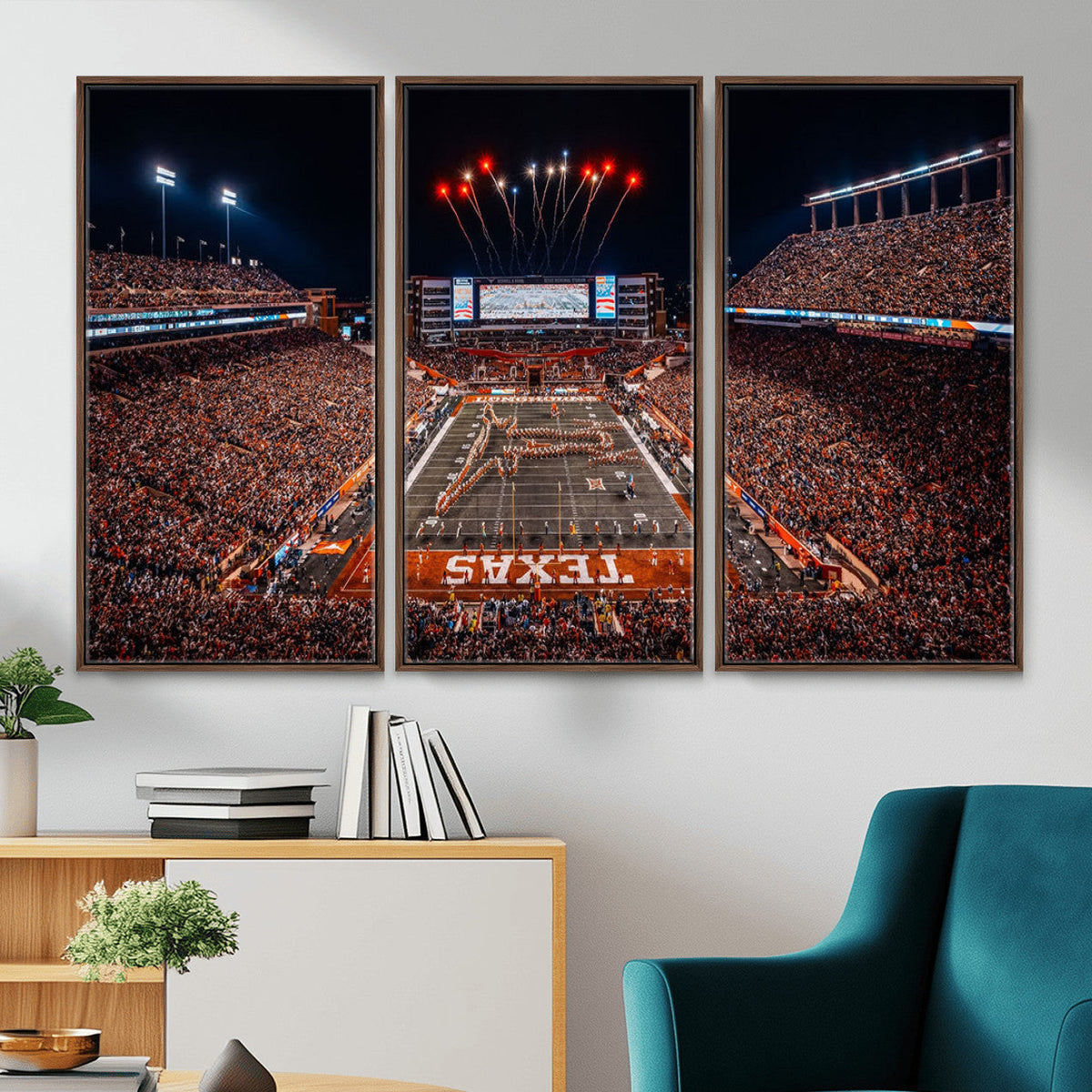 Texas Stadium Night Game Wall Art Canvas Print, Vibrant Football Fireworks Scene