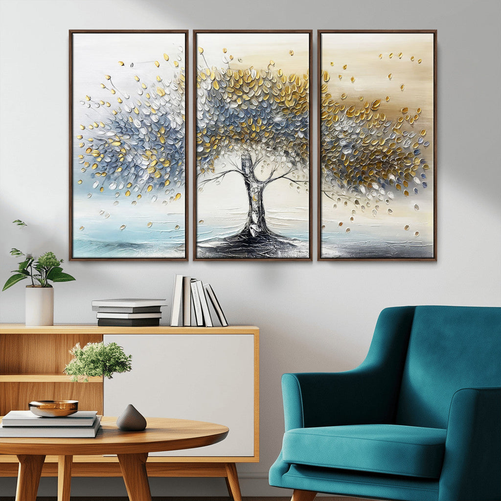 Silver Tree Wall Art | Framed Golden Leaves Canvas Artwork
