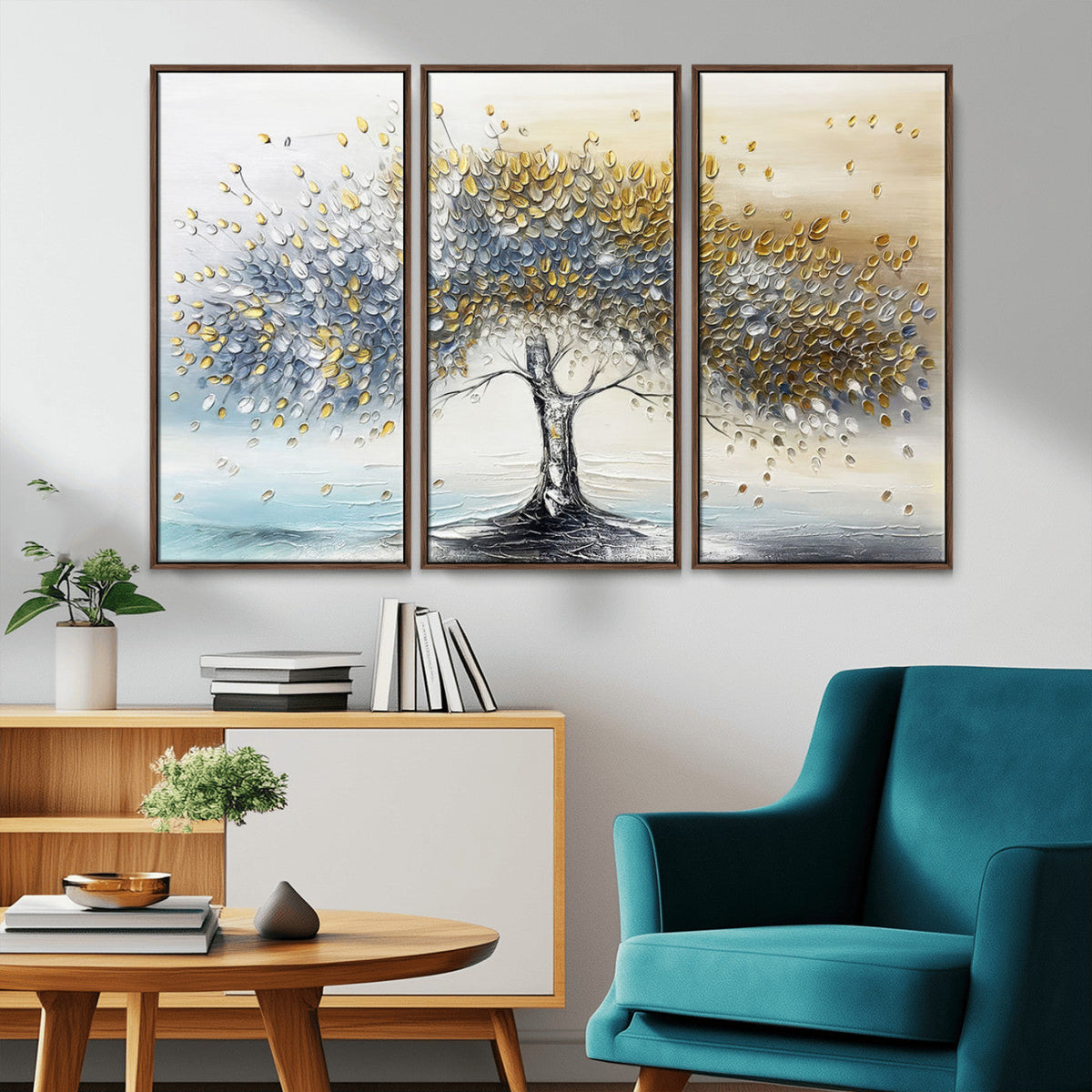 Silver Tree Wall Art | Framed Golden Leaves Canvas Artwork