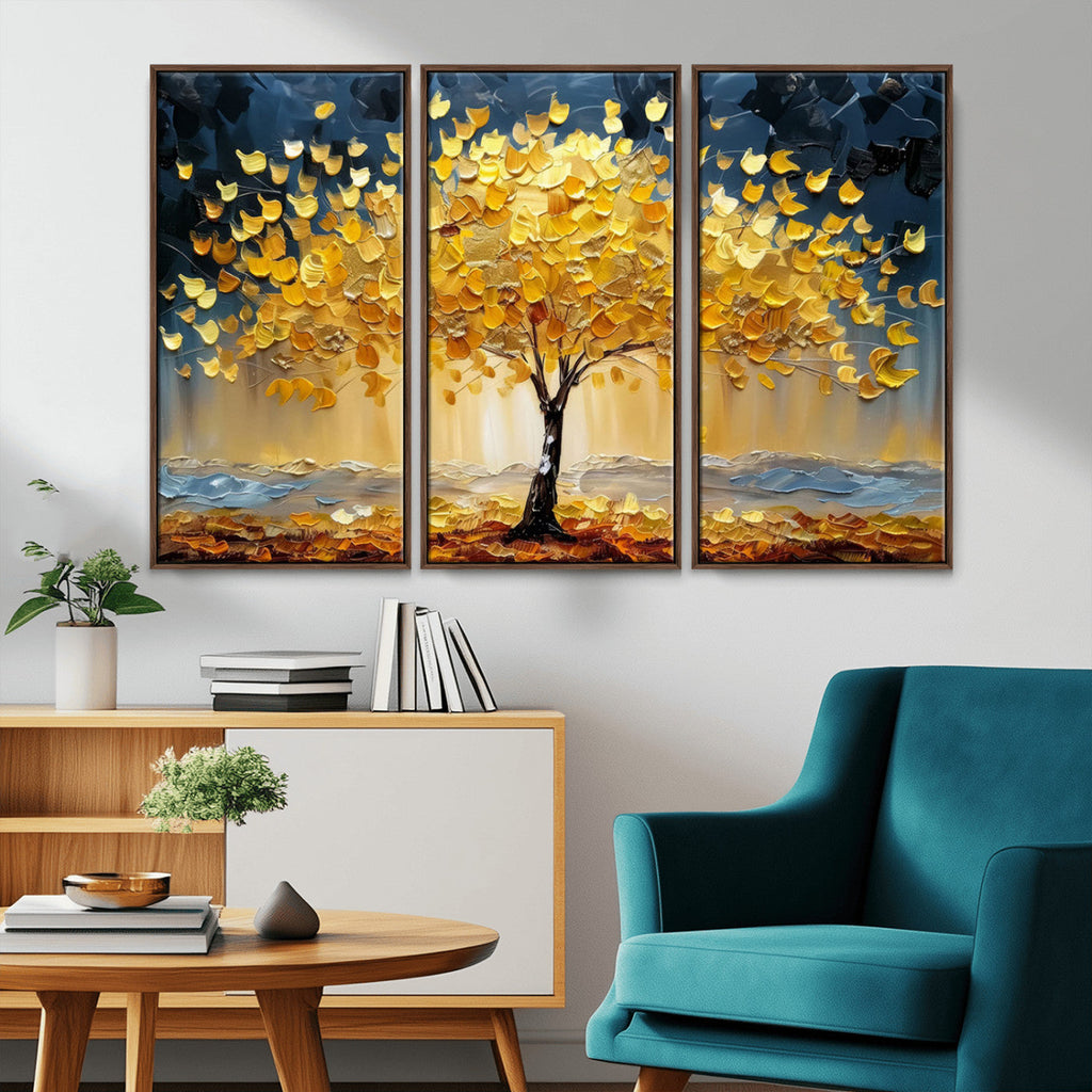 Golden Tree Wall Art | Framed Autumn Leaves Canvas Artwork