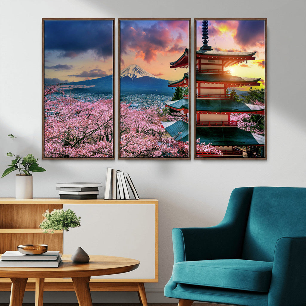 Mount Fuji Cherry Blossom Wall Art Canvas Print | Framed Pagoda Sunset