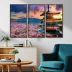 Mount Fuji Cherry Blossom Wall Art Canvas Print | Framed Pagoda Sunset