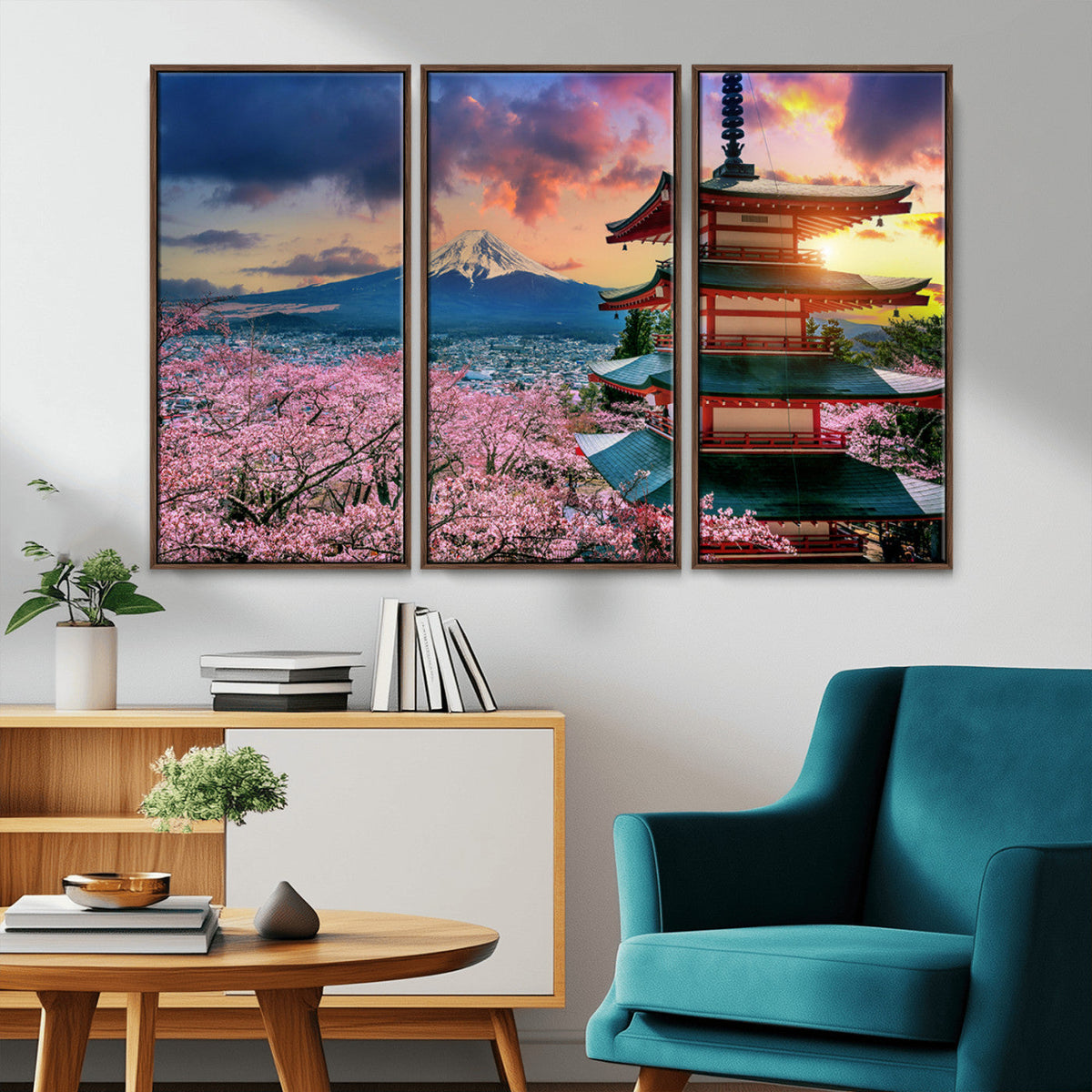 Mount Fuji Cherry Blossom Wall Art Canvas Print | Framed Pagoda Sunset