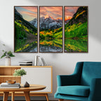 Sunset Glow Mountain Wall Art Canvas Print | Peaks, Green Forest and Lake