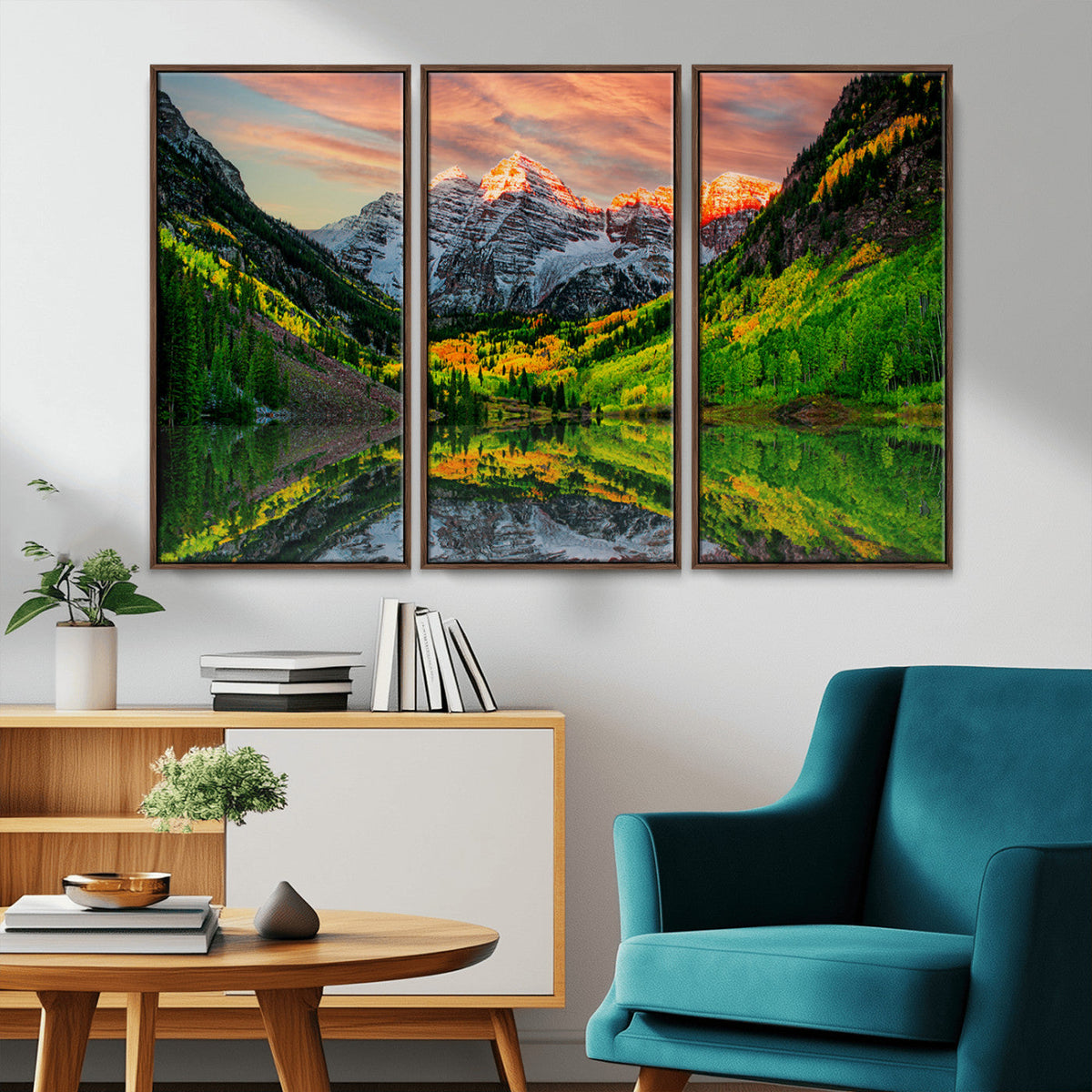 Sunset Glow Mountain Wall Art Canvas Print | Peaks, Green Forest and Lake