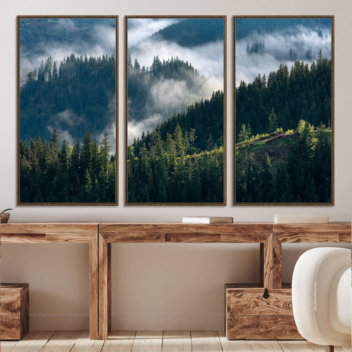 Misty Forest Wall Art Canvas Print | Pine Hills with Foggy Trees