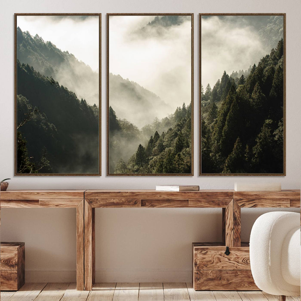 Misty Valley Wall Art Canvas Print | Foggy Forest and Pine Trees