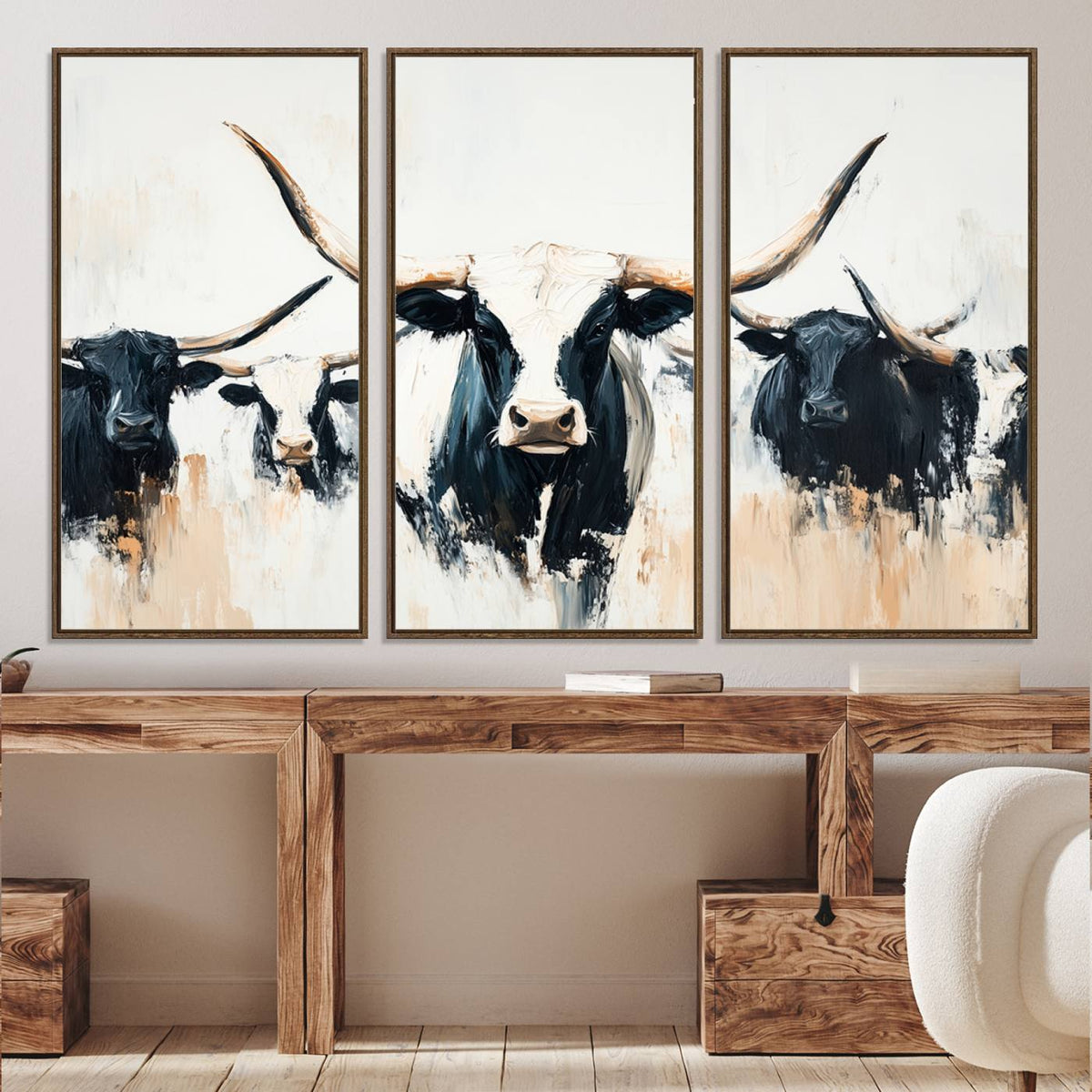 Texas Longhorn Wall Art Canvas Print | Majestic Horned Bull in Black and White