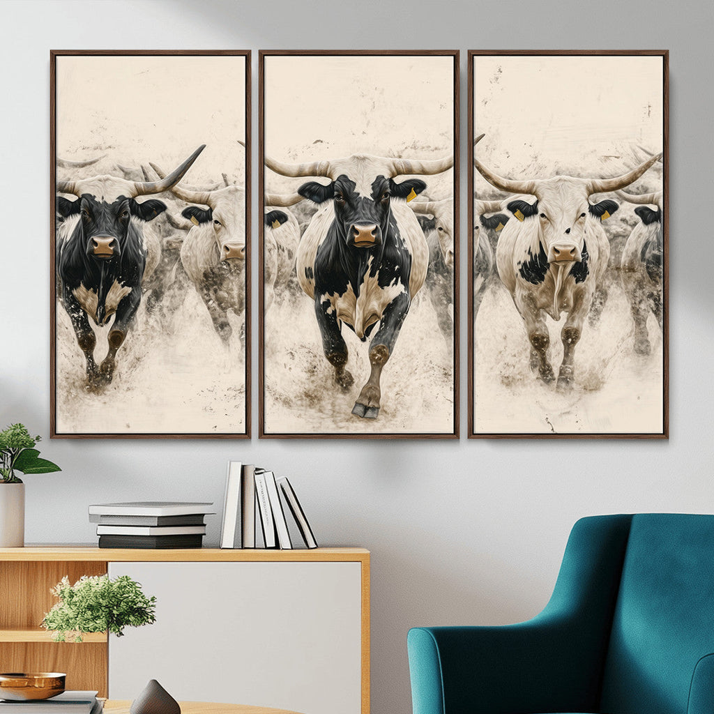 Texas Longhorn Wall Art | Framed Cattle Walking Canvas