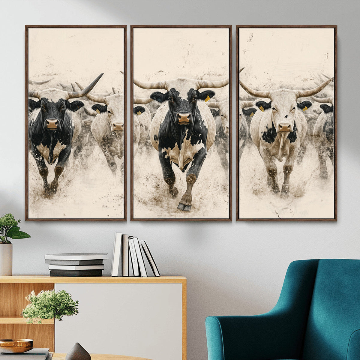 Texas Longhorn Wall Art | Framed Cattle Walking Canvas