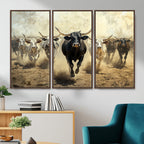 Texas Longhorn Wall Art | Framed Charging Cattle Canvas