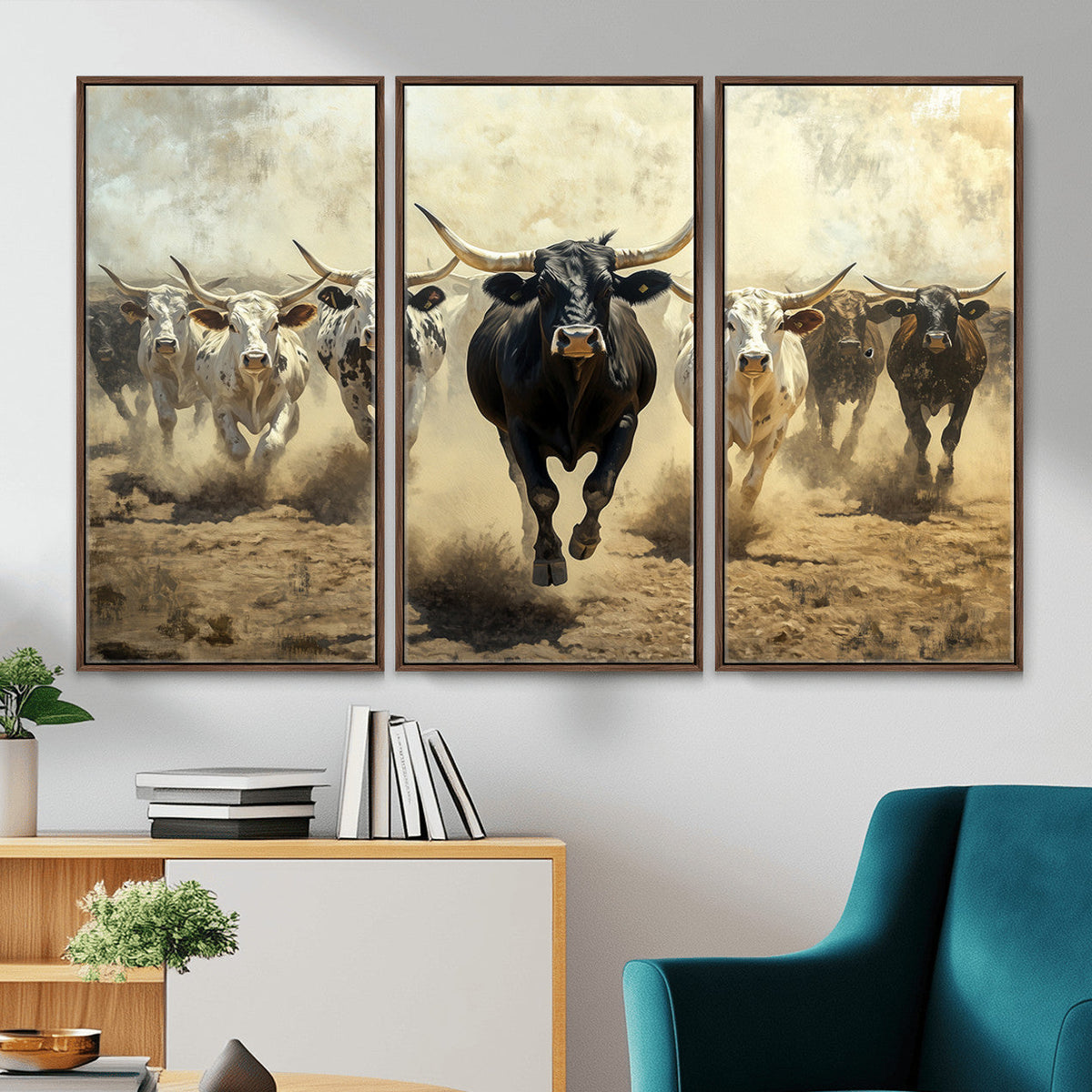 Texas Longhorn Wall Art | Framed Charging Cattle Canvas