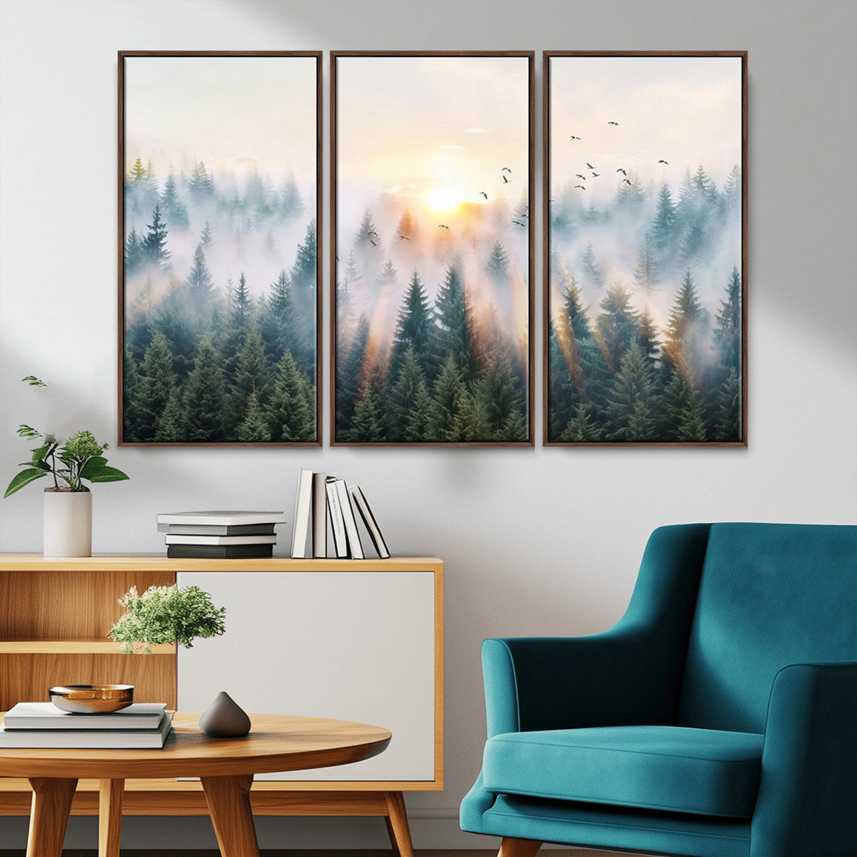 Misty Pine Forest Wall Art Canvas, Sunrise Over Foggy Trees