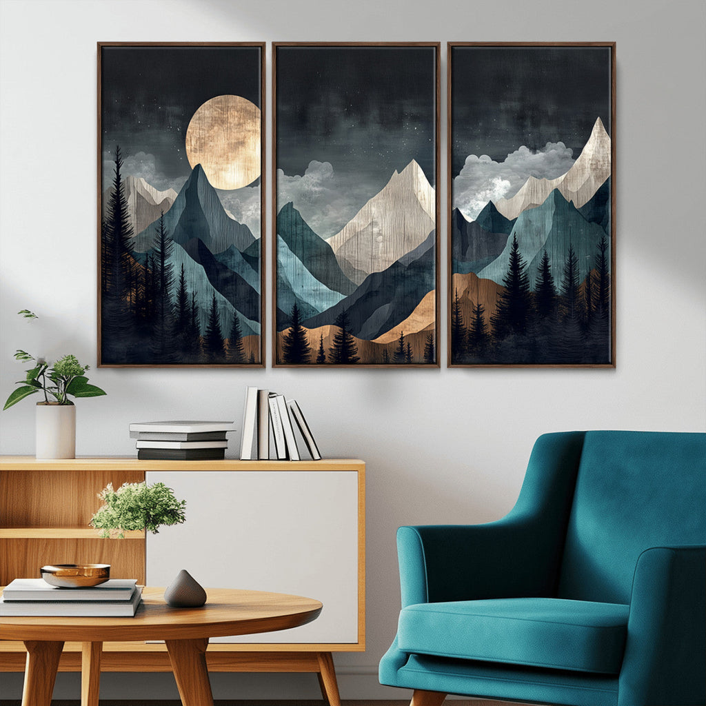 Moonlit Mountain Wall Art Canvas Print, Framed Silhouetted Pines Art, Layered Peaks Rustic Decor