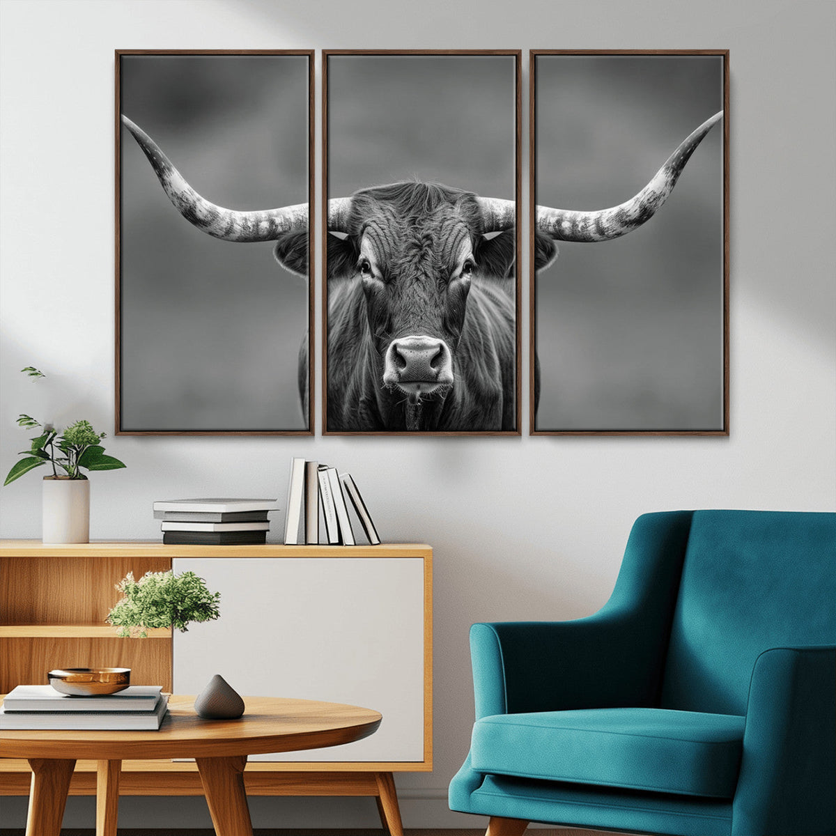 Texas Longhorn Wall Art Canvas Print, Framed Western Bull Photography, Rustic Log Cabin Decor
