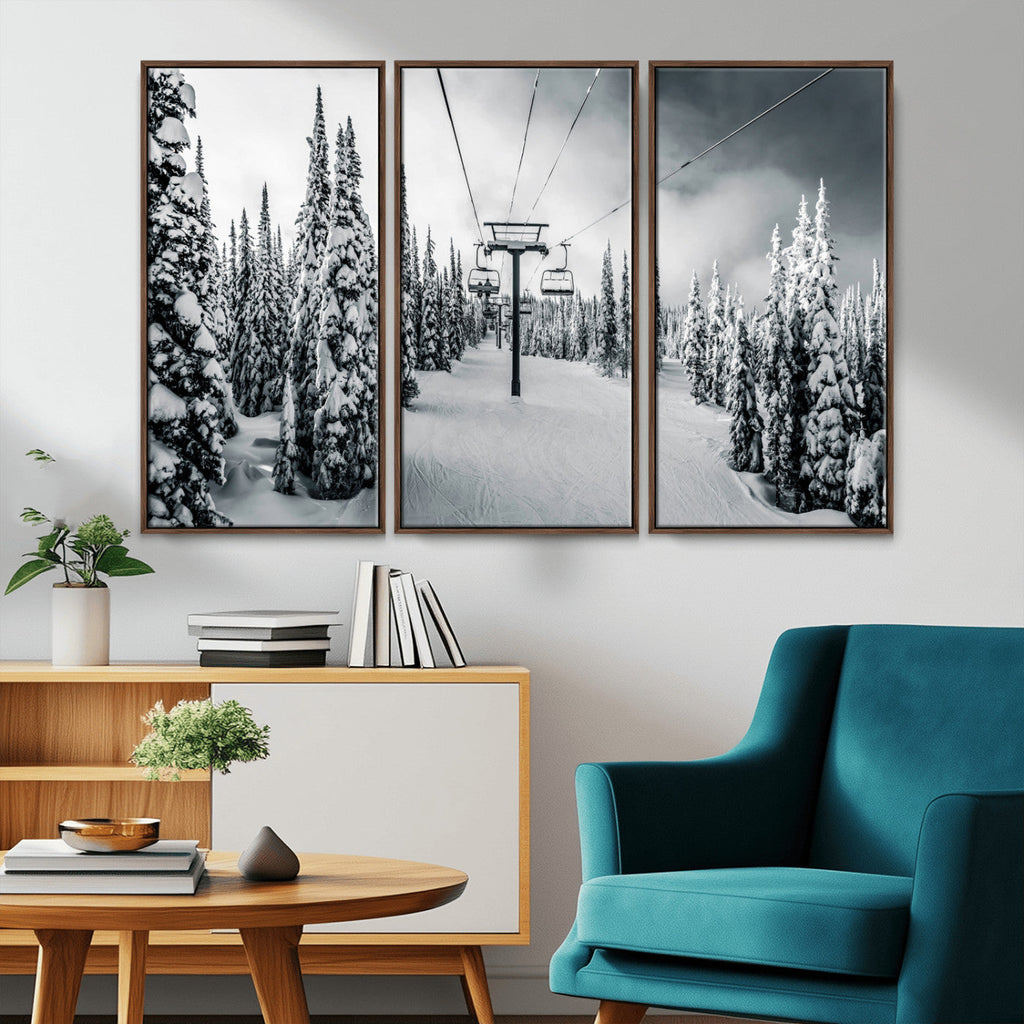 Snowy Pines Wall Art Canvas Print | Ski Lift in a Winter Forest