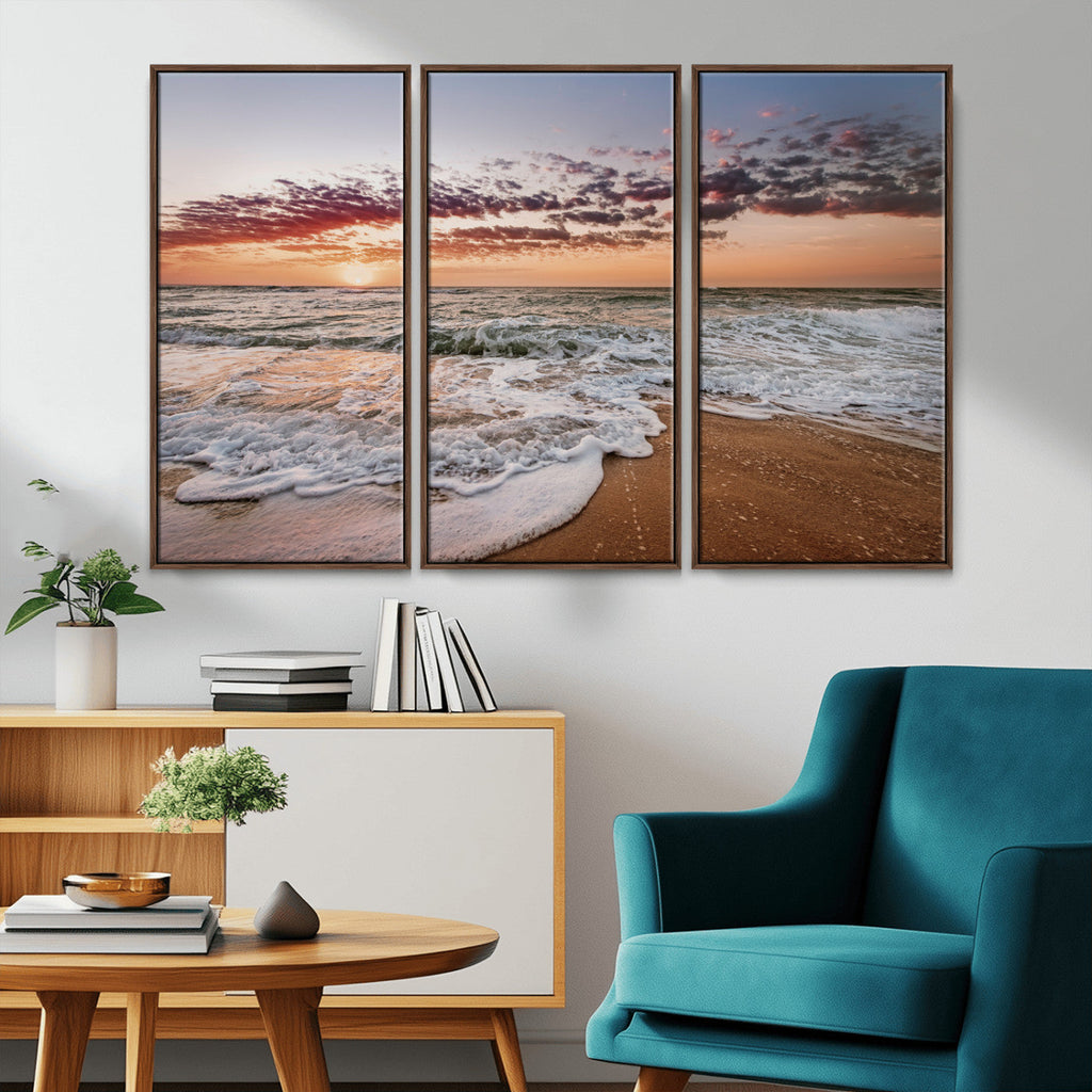 Ocean Sunset Wall Art Canvas Print | Sandy Shore and Gentle Waves