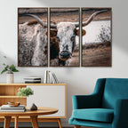 Texas Longhorn Wall Art Canvas Print | Framed Brown and White Spotted Longhorn
