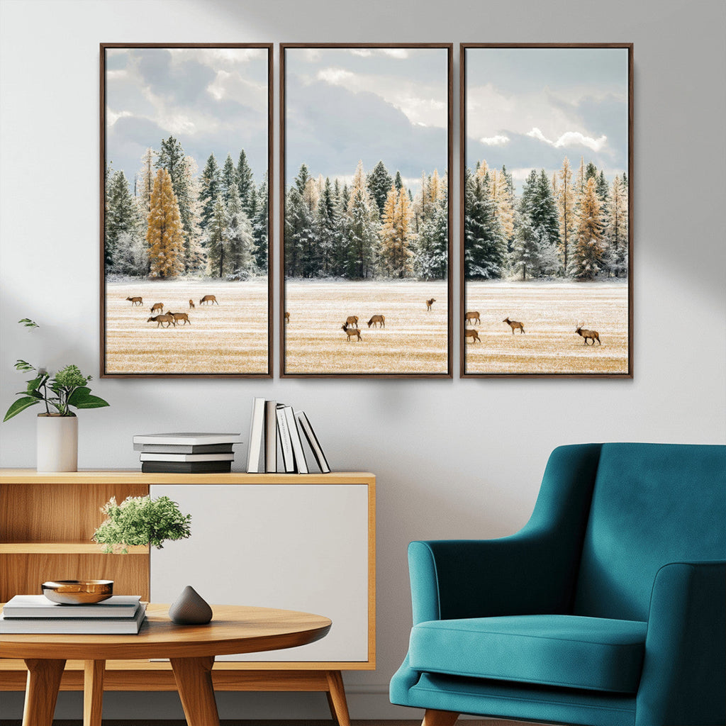 Elk Herd Wall Art, Framed Snowy Forest Canvas Artwork