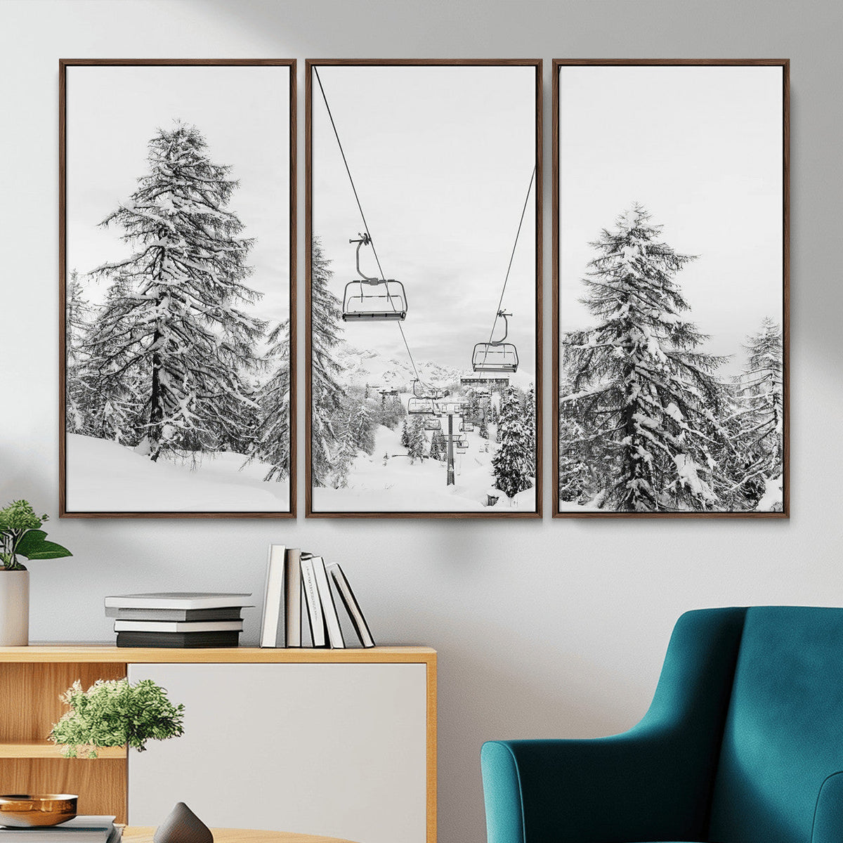 Snowy Ski Lift Wall Art | Framed Winter Forest Canvas