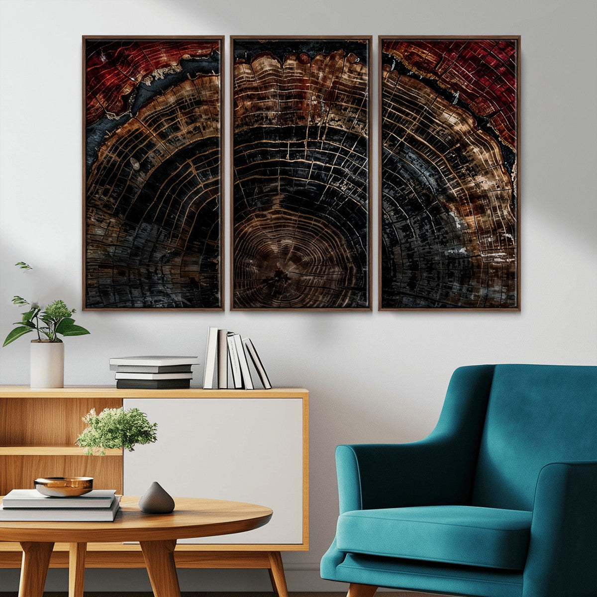 Dark Wood Ring Wall Art Canvas Print, Framed Abstract Tree Slice Print, Rustic Wood Grain Decor