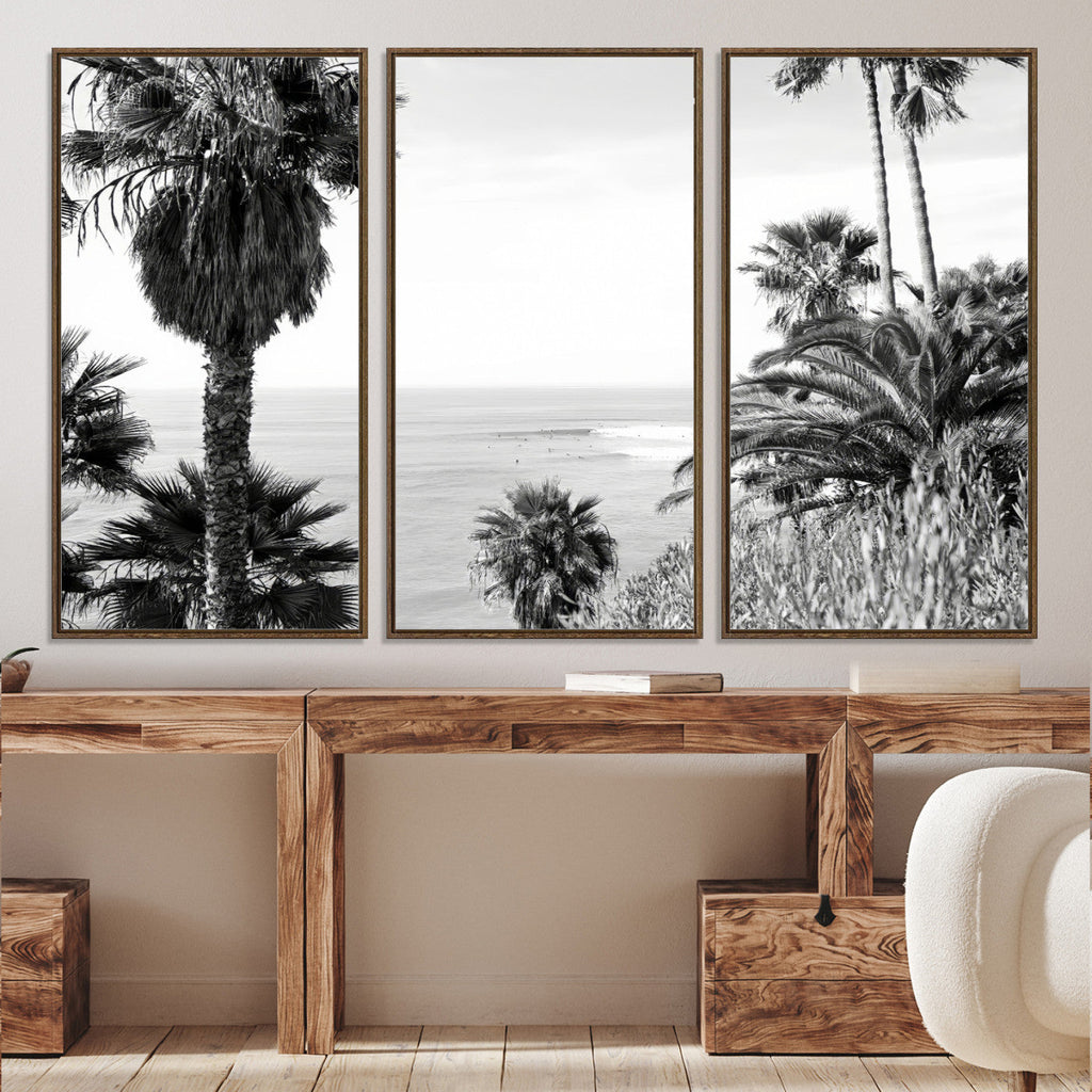 Palm Trees Wall Art Canvas Print, Framed Coastal Ocean Horizon Monochrome Art