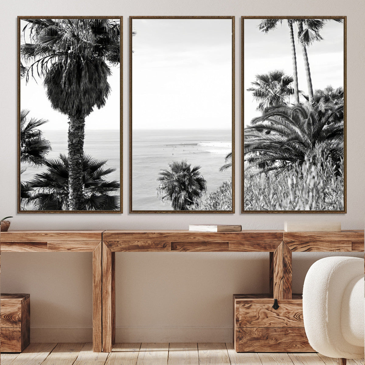 Palm Trees Wall Art Canvas Print, Framed Coastal Ocean Horizon Monochrome Art