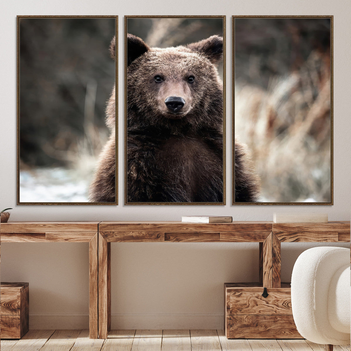 Brown Bear Wall Art Canvas Print, Framed Majestic Woodland Wildlife Cabin Art