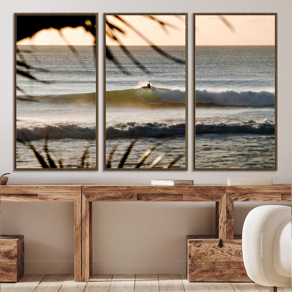 Sunset Surf Wall Art Canvas Print, Framed Golden Hour Waves Boho Beach Art