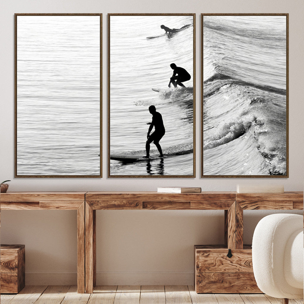 Surfers on Waves Wall Art Canvas Print | Framed Black and White Surf