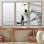 Surfers on Waves Wall Art Canvas Print | Framed Black and White Surf
