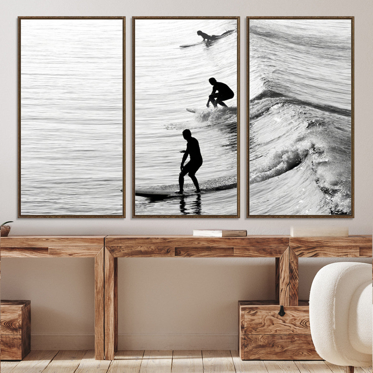 Surfers on Waves Wall Art Canvas Print | Framed Black and White Surf