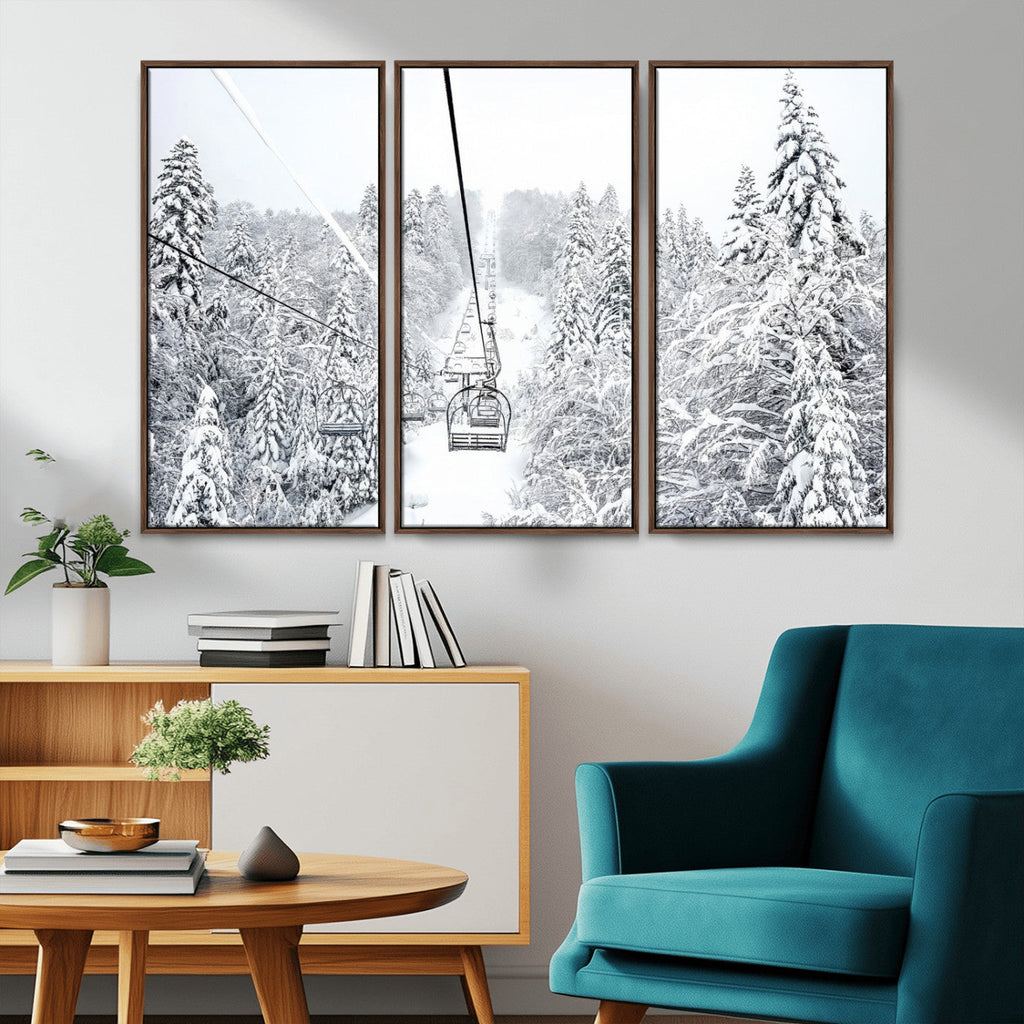 Snowy Ski Lift Wall Art | Framed Winter Mountain Canvas