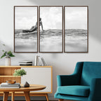 Black and White Surfing Wall Art Canvas Print, Framed Ocean Horizon Surfer Girl