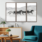 Wild Horses Running Wall Art Canvas Print, Framed Black White Mustangs Artwork