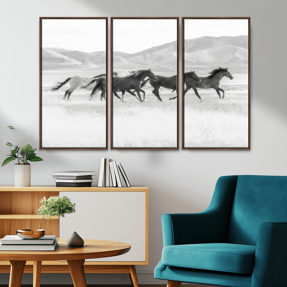 Wild Horses Running Wall Art Canvas Print, Framed Black White Mustangs Artwork