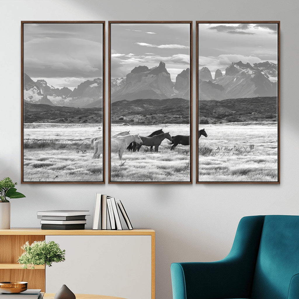 Wild Horses Wall Art | Framed Black White Mountain Canvas