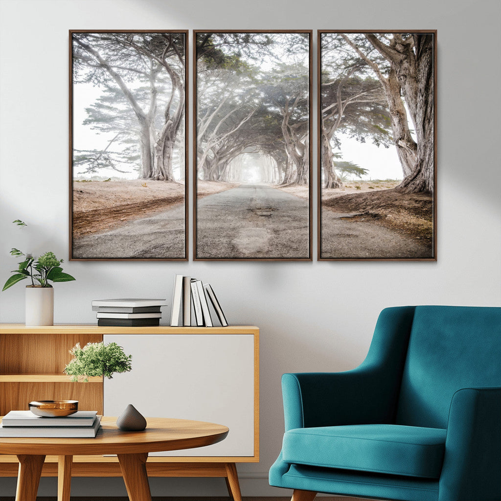 Cypress Tunnel Wall Art | Framed Misty Road Canvas Artwork