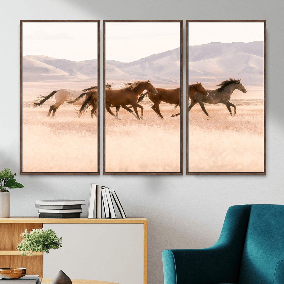 Wild Horse Wall Art Canvas Print, Framed Rustic Western Art, Desert Horse Scene