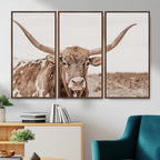 Longhorn Cow Wall Art Canvas Print, Framed Texas Ranch Print, Western Bull Art, Cowboy Decor