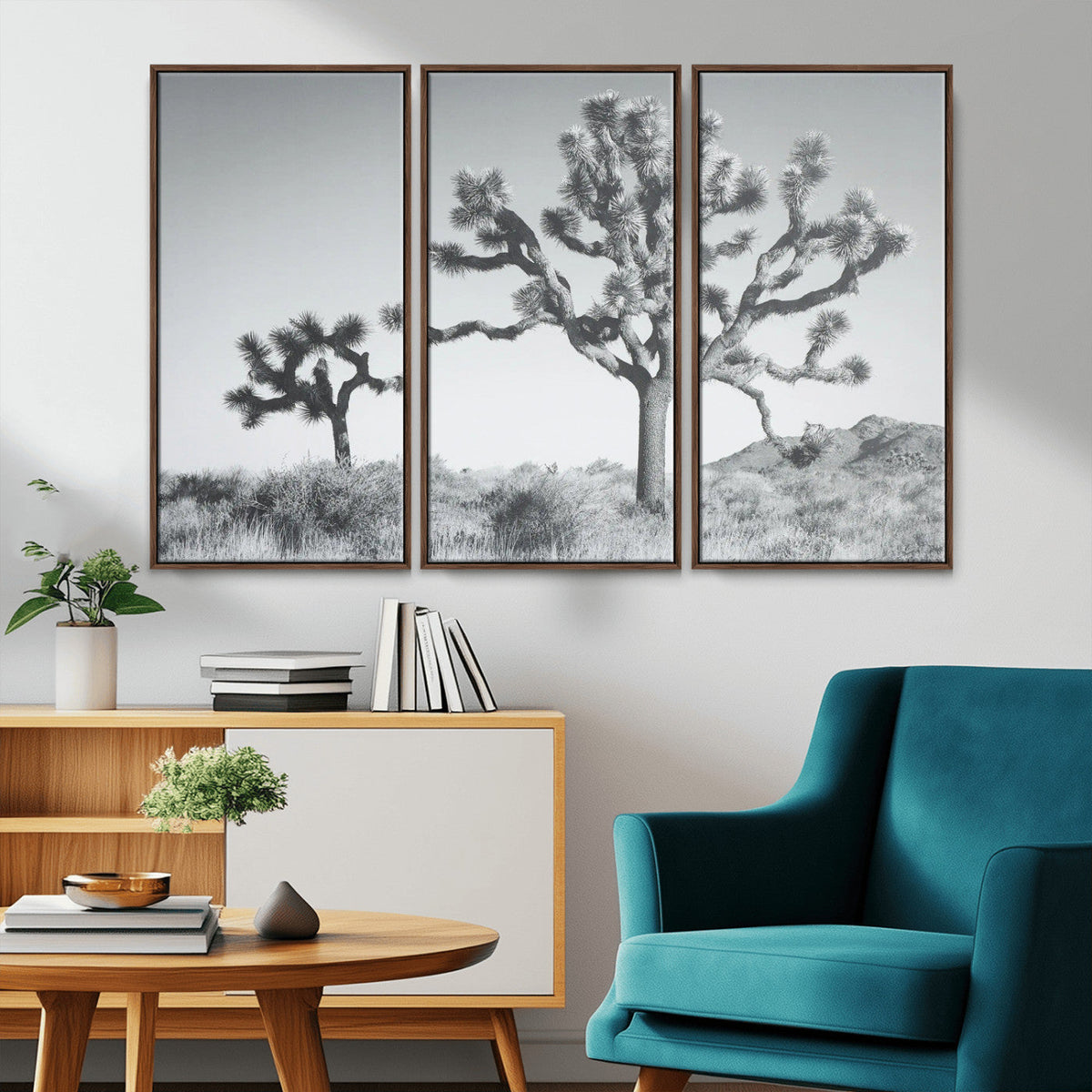 Joshua Tree Wall Art Canvas Print, Framed Black and White Desert Landscape Artwork