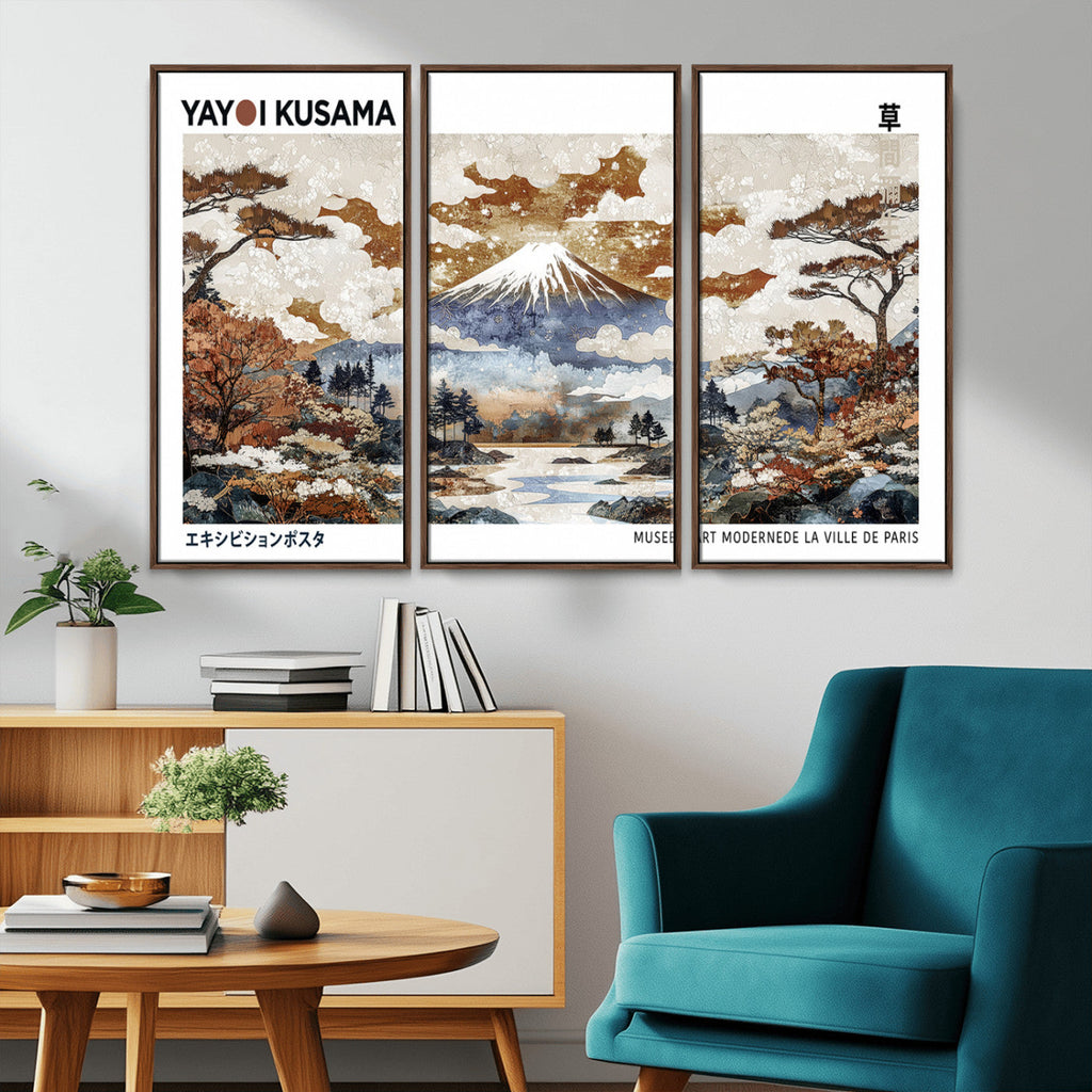 Modern Japanese Wall Art Canvas Print, Framed Abstract Mount Fuji Landscape, Yayoi Kusama Canvas Wall Art
