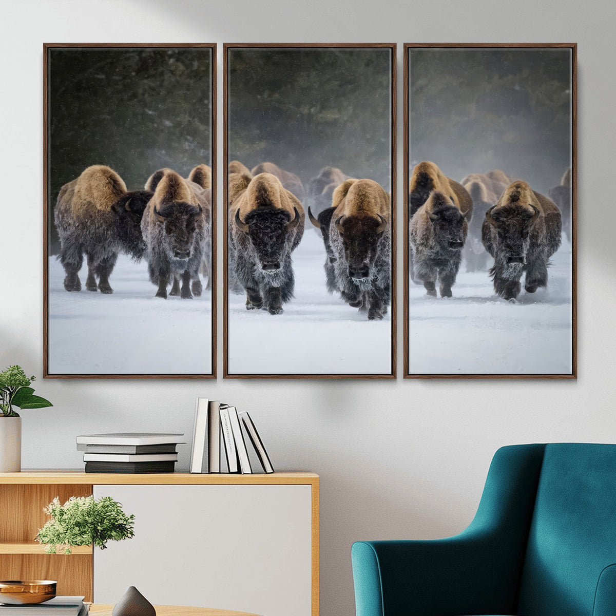 Bison Herd Wall Art Canvas Print, Framed Rustic Wildlife Decor, Snowy Bison Landscape